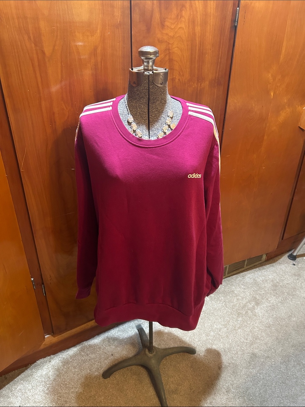 adidas Women's Burgundy Crewneck Sweatshirt with Shoulder Stripes